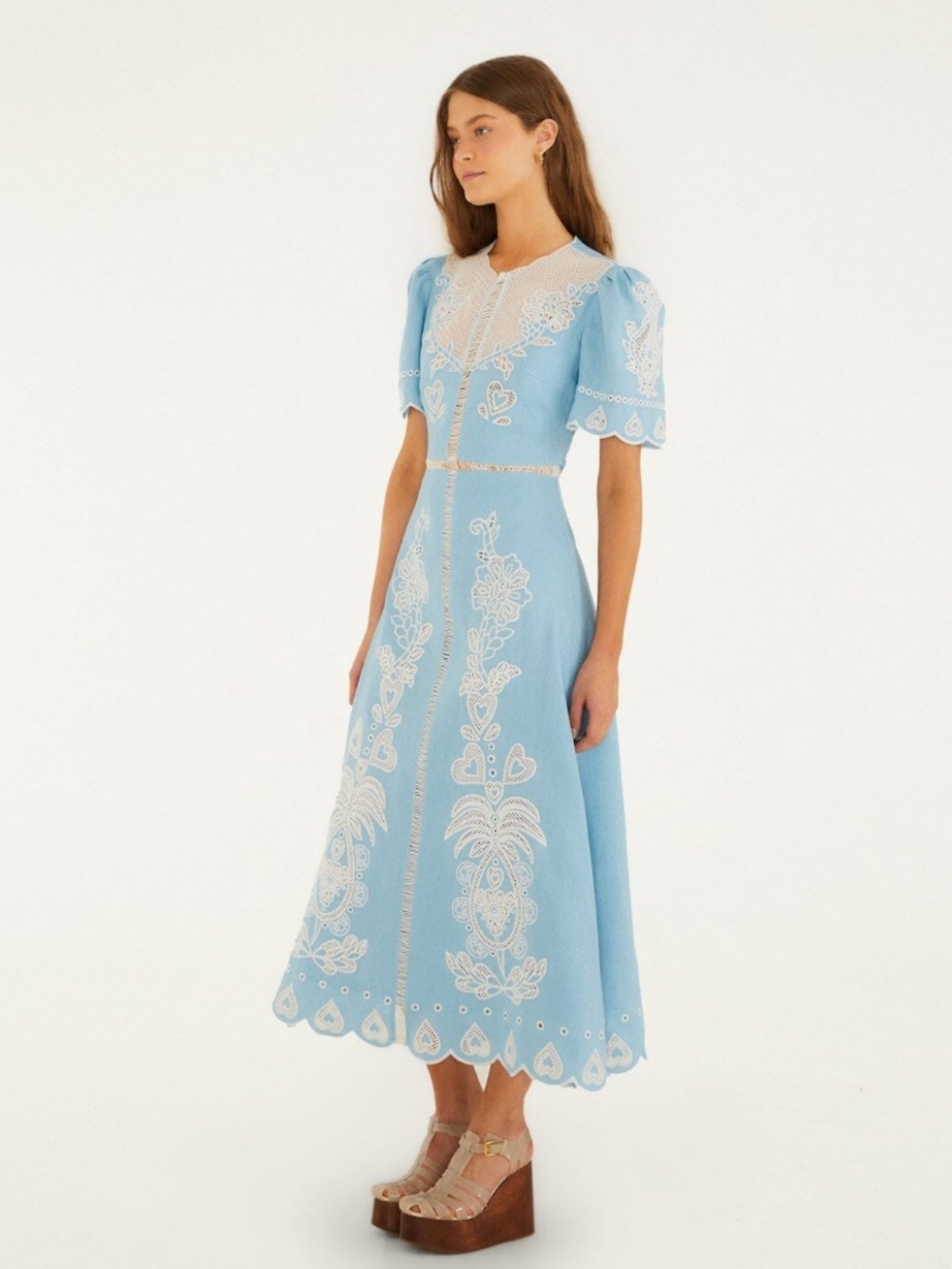 Embroidered Euroflax Premium Linene Midi Dress ~ Light Blue - Picture 5 of 5